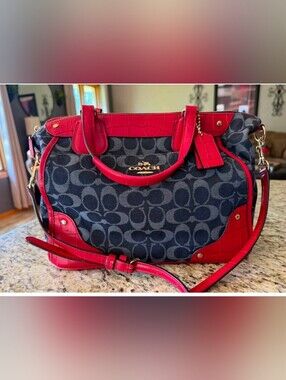 Coach Mickie Red Croc Embossed Leather & Denim Jacquard 2 way Satchel